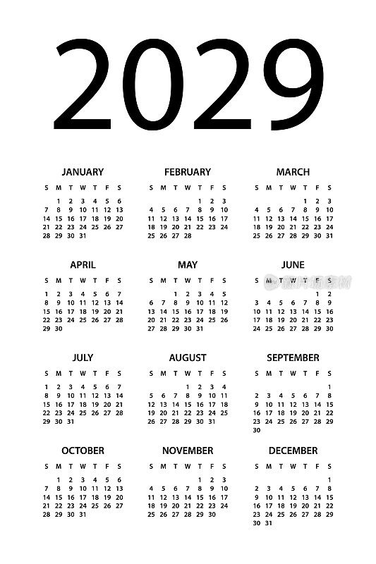 日历2029 -简单布局插图。一周从周日开始。日历定在2029年